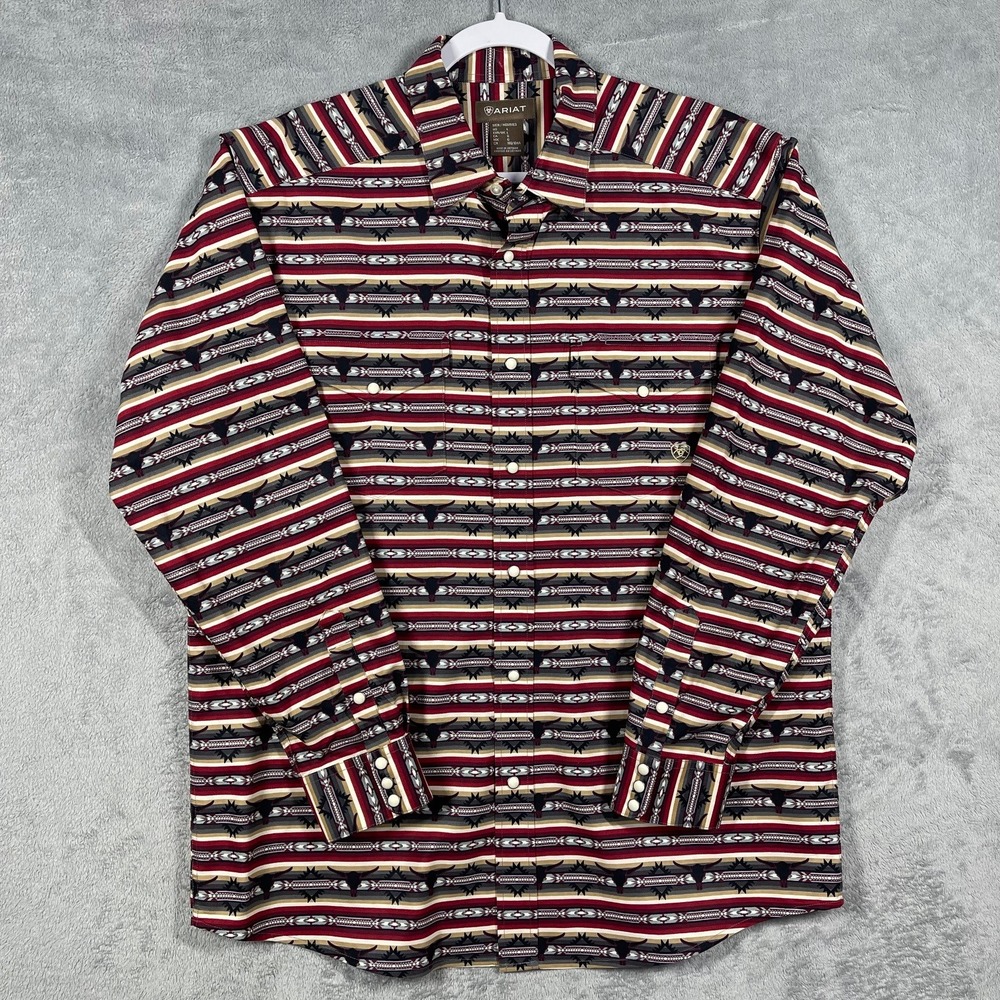 Ariat Western Shirt Men L Red Aztec Longhorn Stripe Pearl Snap Long Sleeve